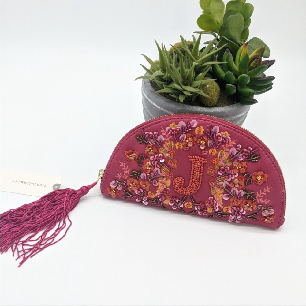 Anthropologie Pink Beaded Floral Tassel Clutch Wallet - Picture 2 of 7